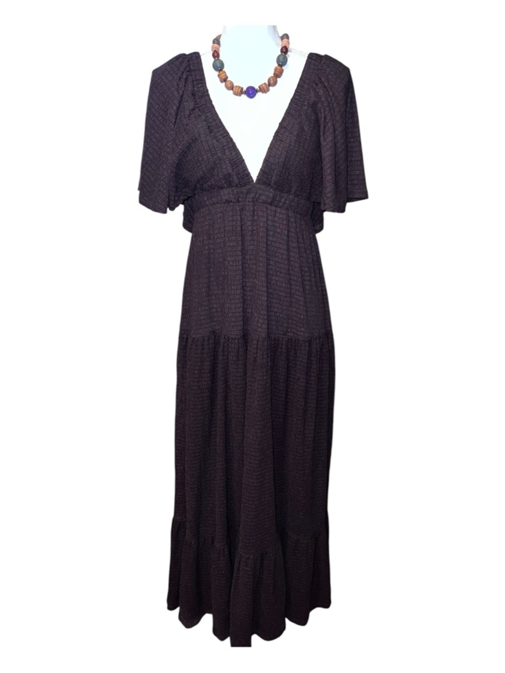 Brown boho maxi dress with flutter sleeves